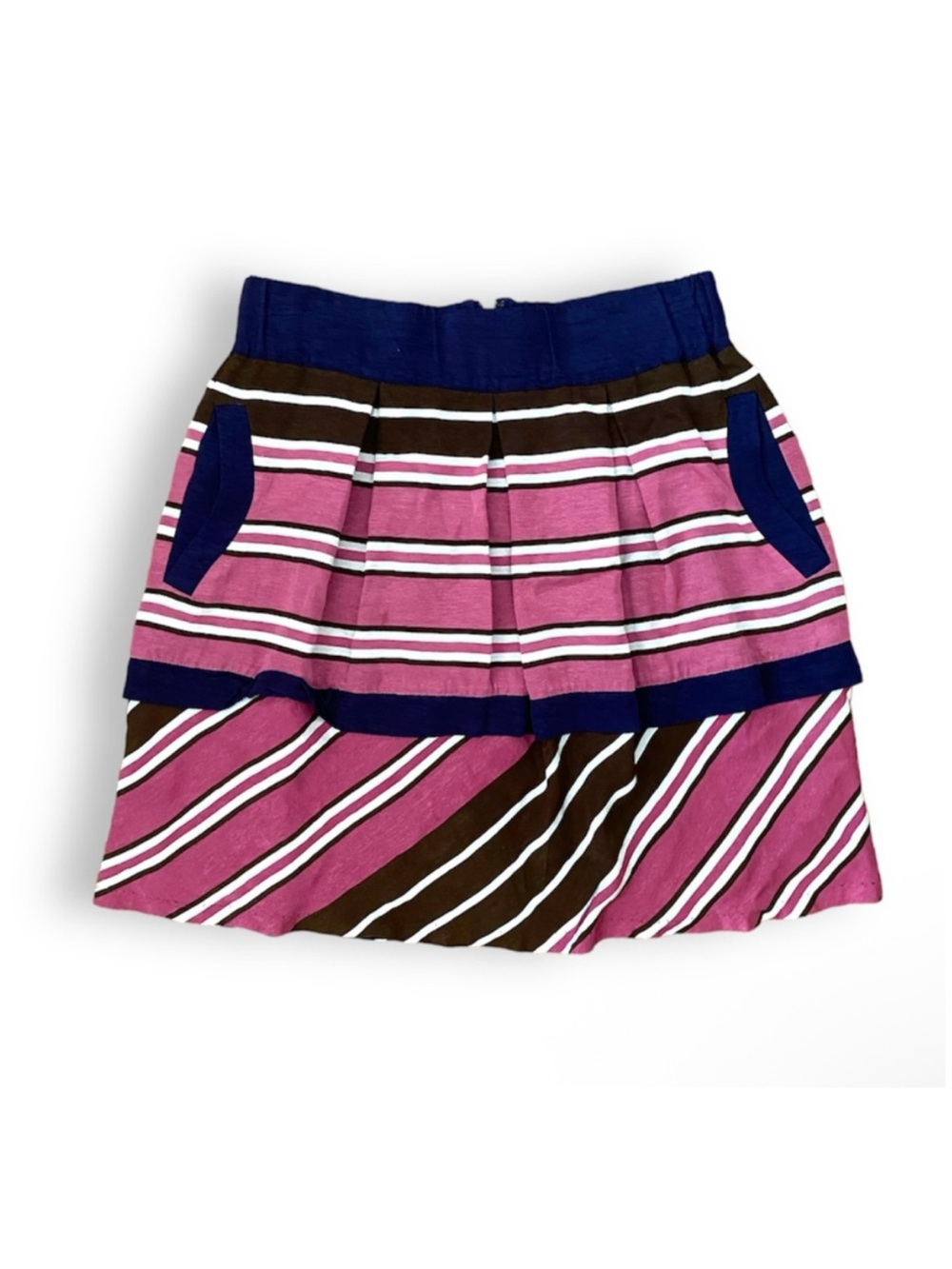 Anthropologie Maeve Pink and Navy Striped Pleated Zipper Back Tiered Mini Skirt